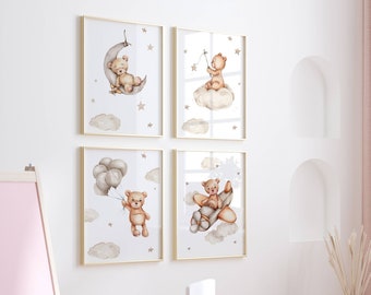 Teddy Bear Nursery Print Set: Watercolor Balloon Decor (Digital Download)