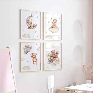 Set of 4 Teddy Bear Print, Baby Boy Print, Neutral Nursery Poster, Balloon Nursery Wall Decor Nursery Print, Bear Nursery Decor