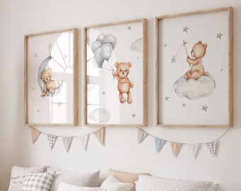 Teddy Bear Nursery Print Set: Beige & Grey, Baby Boy Decor (Digital Download)