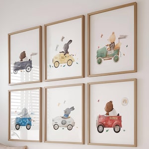 Vintage Auto Kinderzimmer Wand Kunst Set von 6 - druckbare Tier Rassen Poster, geschlechtsneutrales Zimmer Dekor, digitaler Download - Waldtiere