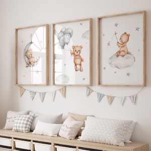 Juego de 3 impresiones de osito de peluche, impresión de bebé niño, impresión para bebé recién nacido, póster gris para guardería, decoración de pared de guardería con globos, impresión para guardería, decoración de guardería con osos