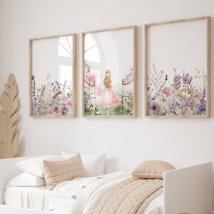 Set of 3 Princess Nursery Prints, Wildflower Fairytale Nursery Decor, Girl's Nursery Wall Art, Floral Room Wall Decor, Digital Print