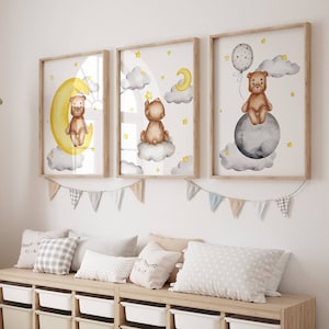 Set of 3 Teddy Bear Print,Baby Boy Print,New Baby Printable,Grey Nursery Poster,Balloon Nursery Wall Decor Nursery Print,Bear Nursery Decor