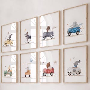 Vintage Tier Auto Kinderzimmer Wand Kunst Set, Aquarell Jungen Zimmer Dekor, druckbare Baby Tier Rennauto Poster, digitaler Download