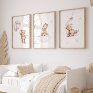 Conjunto de 3 impresión de oso de peluche, impresión de niña, nuevo bebé imprimible, cartel de guardería rosa, decoración de pared de guardería de globos, impresión de guardería, decoración de guardería de osos