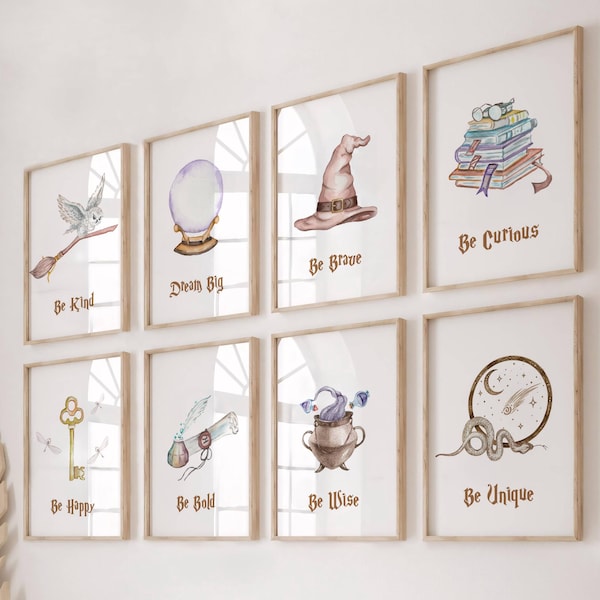Aquarel kinderkamerafdrukken tovenaar: set van 8 magische muurkunst (digitale download)