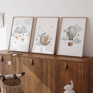 Hot Air Balloon Nursery Wall Art, Gender Neutral Print, Set of 3 Hot Air Balloon Baby Room Decor, Teddy Bear Nursery Art, Boho Nursery decor