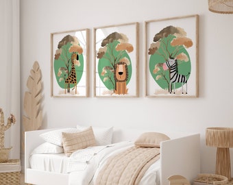 Safari Animal Nursery Prints: Giraffe, Lion, Zebra (Set of 3) (Digital Download)