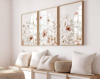 Neutral Wildflower Watercolor Print Set: Beige Botanical Art (Digital Download)