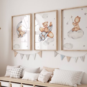 Set of 3 Teddy Bear Print,Baby Boy Print,New Baby Printable,Grey Nursery Poster,Balloon Nursery Wall Decor Nursery Print,Bear Nursery Decor