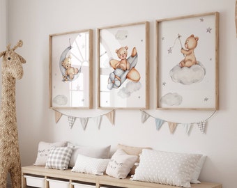 Teddy Bear Nursery Print Set: Watercolor Baby Boy Decor (Digital Download)