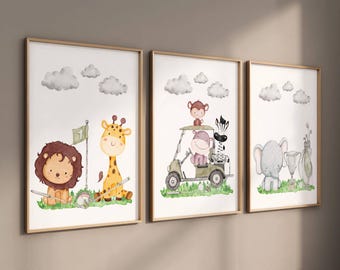 Safari Animals Golf Nursery Print Set: Playful Kids Room Decor (Digital Download)