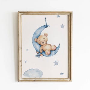 Sleeping Bear on the Moon, Blue Nursery Poster, Moon Nursery Wall Decor Nursery Print, Bear Nursery Decor