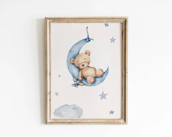 Teddy Bear Moon Print, Blue Watercolor Nursery Decor (Digital Download)