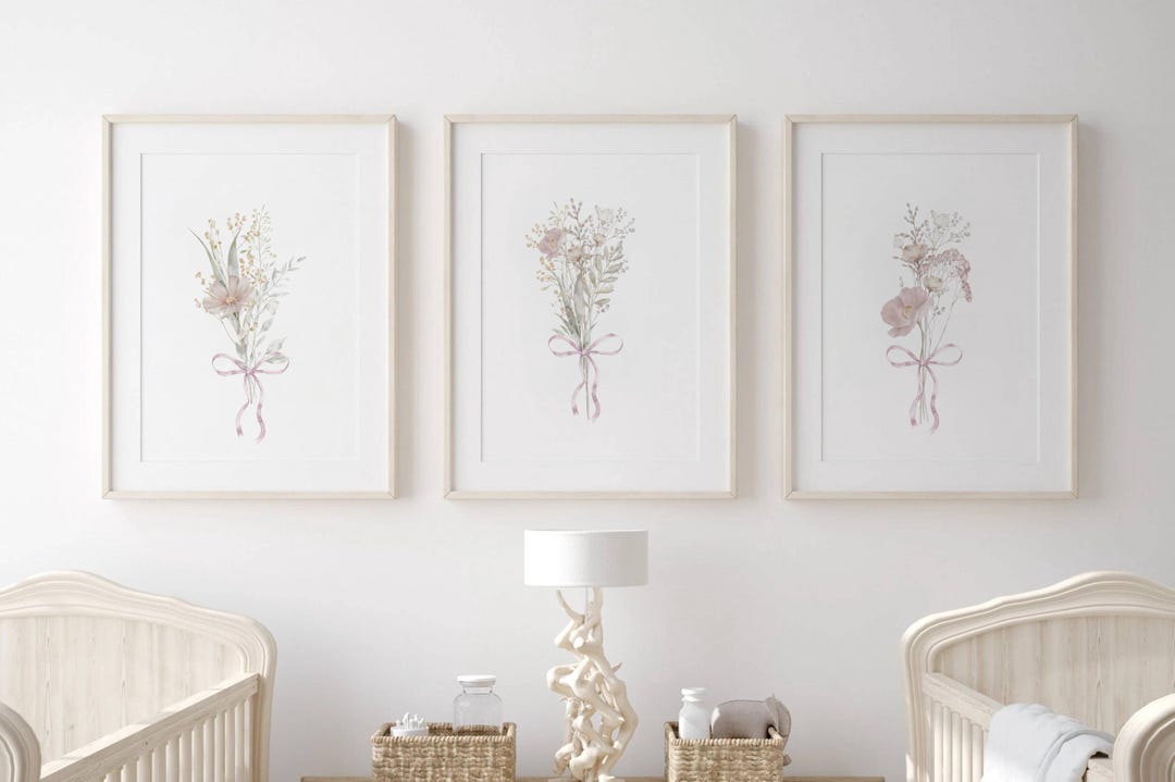 Watercolor Wildflower Nursery Print Set: Beige & Blush Floral Bouquets ...