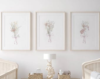 Watercolor Wildflower Nursery Print Set: Beige & Blush Floral Bouquets (Digital Download)