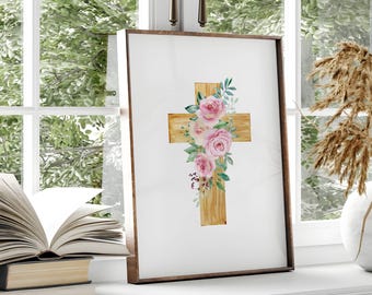 Floral Wooden Cross Wall Art - Faith-Inspired Printable - Christian Home Decor
