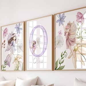 Juego de arte de pared para habitación de bebé con hadas – Impresión personalizada con nombre de niña – Decoración floral de hadas rosa – Juego de 3 impresiones – Impresión de hadas de flores silvestres para habitación de bebé