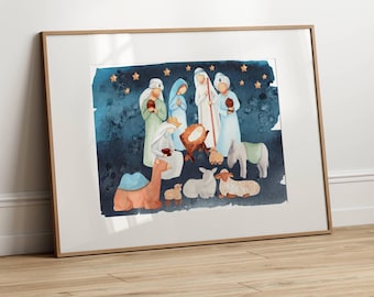 Nativity Scene Watercolor Print: Holy Family Christmas Decor (Digital Download)