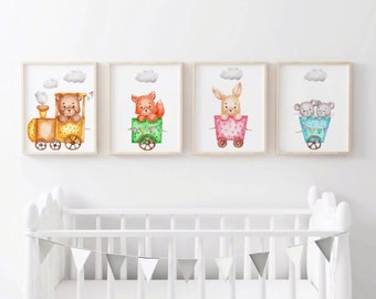 Láminas de tren con animales para habitación de bebé: Decoración de acuarela para habitación de bebé (juego de 4) (Descarga digital)