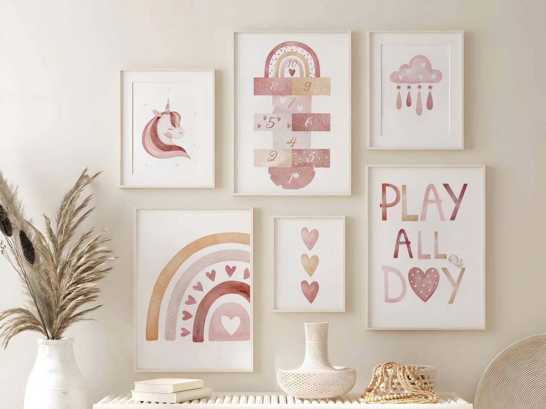 Blush Pink Unicorn, Rainbow Nursery Wall Art Set – Playful & Whimsical ...