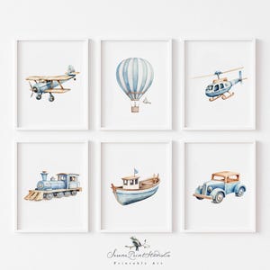 Set of 6 Blue Vintage Vehicle Watercolor Prints – Transportation Nursery Wall Art, Boys Room Decor – Printable Transportation Nursery Decor