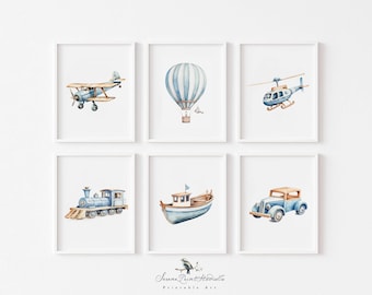 May include: Set of six printable wall art prints featuring watercolor illustrations of a blue airplane, hot air balloon, helicopter, train, boat, and car. Each print has a white background and a light wood frame.