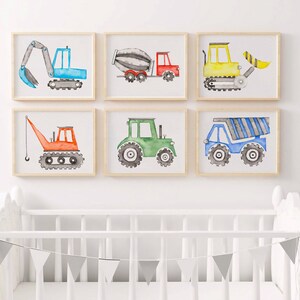 Watercolor Construction Trucks Nursery Prints: Boy Room Decor (Set of 6) (Digital Download)