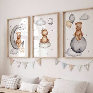 Set of 3 Teddy Bear Print,Baby Boy Print,New Baby Printable,Grey Nursery Poster,Balloon Nursery Wall Decor Nursery Print,Bear Nursery Decor