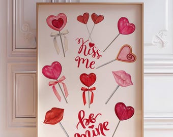 Watercolor Lollipop Valentine's Day Print: Lips & Hearts (Digital Download)