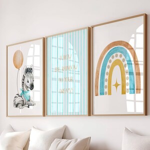 Zebra & Rainbow Nursery Prints: Boho Watercolor Wall Art (Set of 3) (Digital Download)