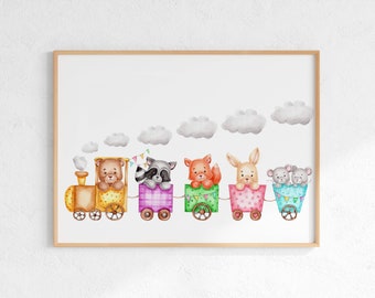 Tren de animales - Arte de pared imprimible en acuarela para guardería / Descarga digital