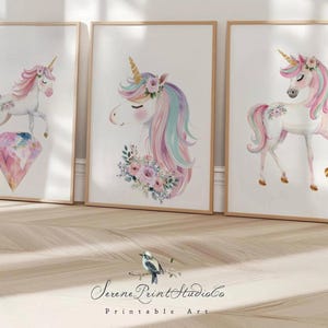 Juego de 3 láminas de unicornio para pared, unicornios mágicos, decoración infantil de unicornio, arte de pared para dormitorio de niña, pósteres de unicornios caprichosos, decoración infantil.