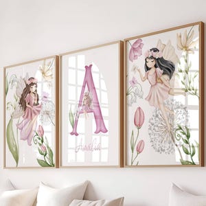 Juego de arte de pared para habitación de bebé con hadas – Impresión personalizada con nombre de niña – Decoración floral de hadas rosa – Juego de 3 impresiones – Impresión de hadas de flores silvestres para habitación de bebé