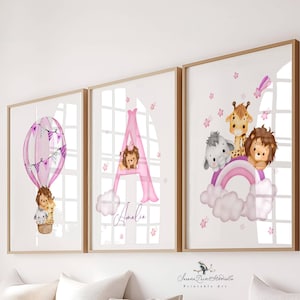 Pink Safari Nursery Wall Art Set – Personalized Baby Girl Name Print – Hot Air Balloon, Rainbow & Jungle Animals – Set of 3 Prints