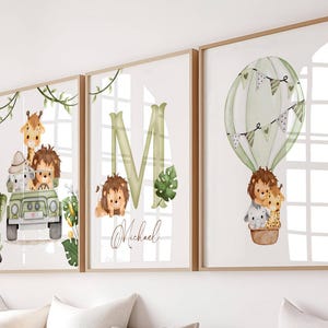 Ensemble d'art mural Safari personnalisé pour chambre d'enfant | Nom d'animal de la jungle imprimé | Décoration de chambre de bébé safari en montgolfière | Téléchargement numérique