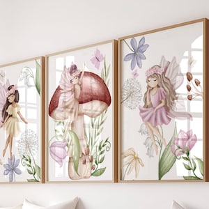 Decoración de pared de hadas para habitación de niña, juego de 3 impresiones de hongos rosas y flores, descarga digital.