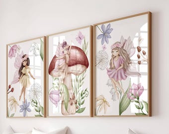 Decorazioni murali per cameretta delle fate: Funghi rosa, stampe floreali (set di 3) (download digitale)
