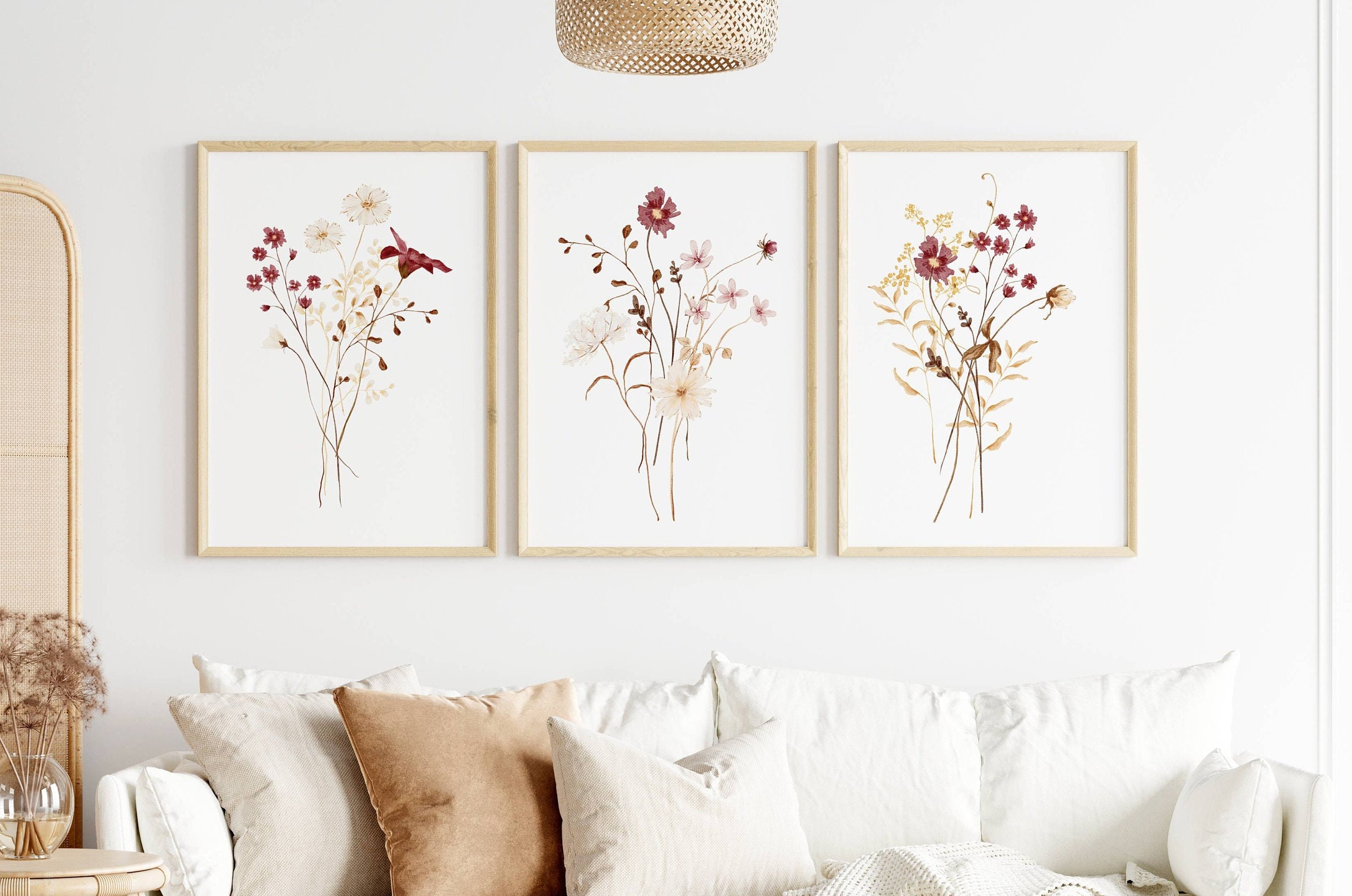 Set of 3 Printable Red Beige Floral Wall Art, Wildflower Print, Beige Home Decor, Neutral Home