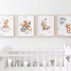 Set of 4 Teddy Bear Print, Baby Boy Print, Grey Nursery Poster, Balloon Nursery Wall Decor Nursery Print, Bear Nursery Decor