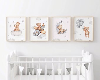 Teddy Bear Nursery Print Set: Watercolor Balloon Decor (Digital Download)
