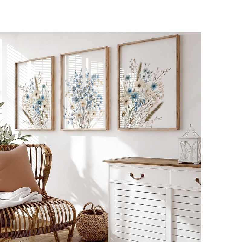 Navy Blue Wildflower Art Prints: Boho Floral Wall Decor (Digital Download) image 1