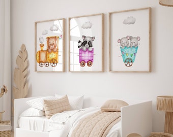 Láminas de tren con animales para habitación de bebé: Decoración de acuarela para habitación de bebé (juego de 3) (Descarga digital)