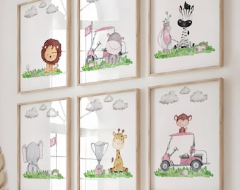 Pink Safari Golf Nursery Prints: Watercolor Animals, Set of 6 (Digital Download)