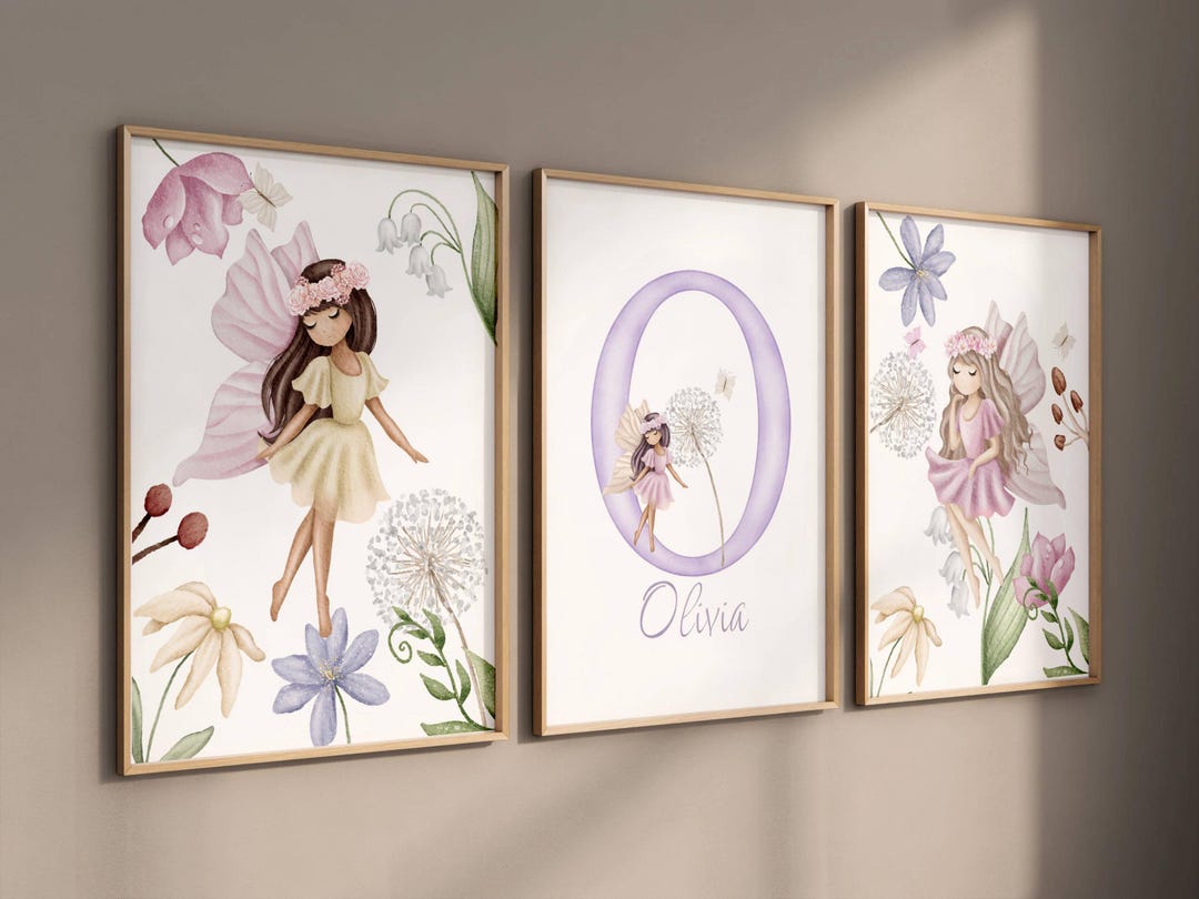 Fairy Nursery Wall Art Set – Personalized Baby Girl Name Print – Pink ...