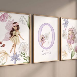 Juego de arte de pared para habitación de bebé con hadas – Impresión personalizada con nombre de niña – Decoración floral de hadas rosa – Juego de 3 impresiones – Impresión de hadas de flores silvestres para habitación de bebé