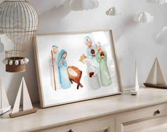 May include: Watercolor painting of the nativity scene with Mary, Joseph, and the baby Jesus in a manger. The three wise men are also depicted, each holding a gift.