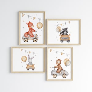 Süße Tiere im Auto Wand Dekor 4er Set, Junge Kinderzimmer Drucke, Waldtiere, Minimalistische Baby Zimmer Dekoration - Druckbare Digitale Dateien