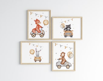 Stampe per cameretta con animali in auto: decorazioni ad acquerello con tema bosco (file digitali)