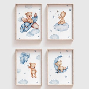 Set of 4 Teddy Bear Print, Baby Boy Print, Blue Nursery Poster, Balloon Nursery Wall Decor Nursery Print, Bear Nursery Decor